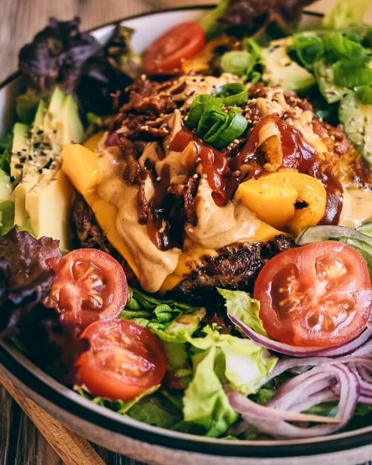 Bowl of a delicious burger with toppings and fresh ingredients