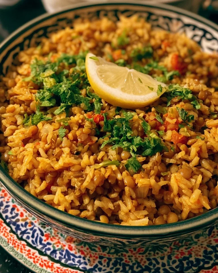 Plate of Mediterranean Lentils with Rice garnished with herbs