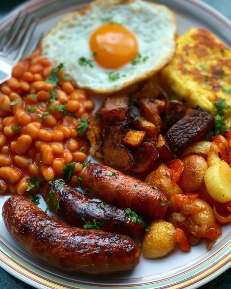 A traditional full English breakfast featuring eggs, bacon, sausages, and baked beans.