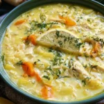 Bowl of Greek Lemon Chicken Soup with lemon slices and herbs