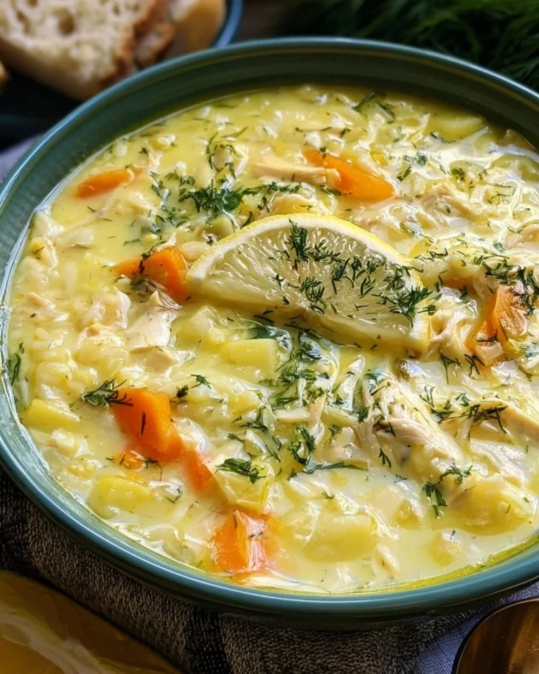 Bowl of Greek Lemon Chicken Soup with lemon slices and herbs