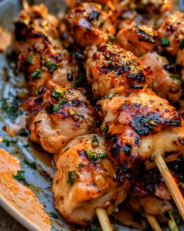 Grilled Bang Bang Chicken Skewers with spicy sauce on a platter