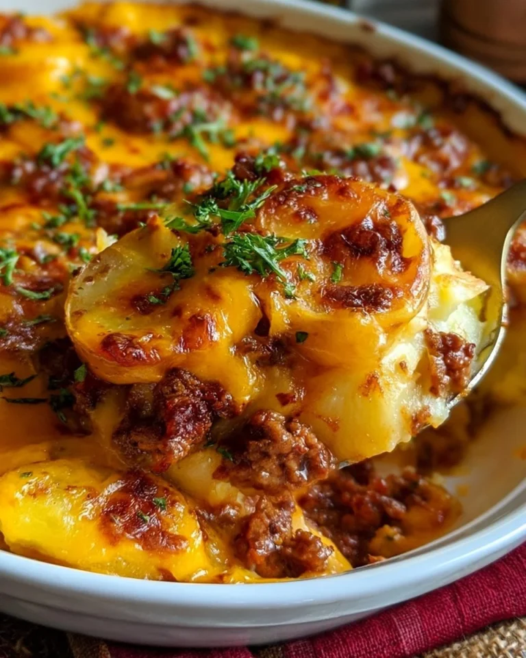 Cheesy hamburger potato casserole topped with melted cheese and served in a dish