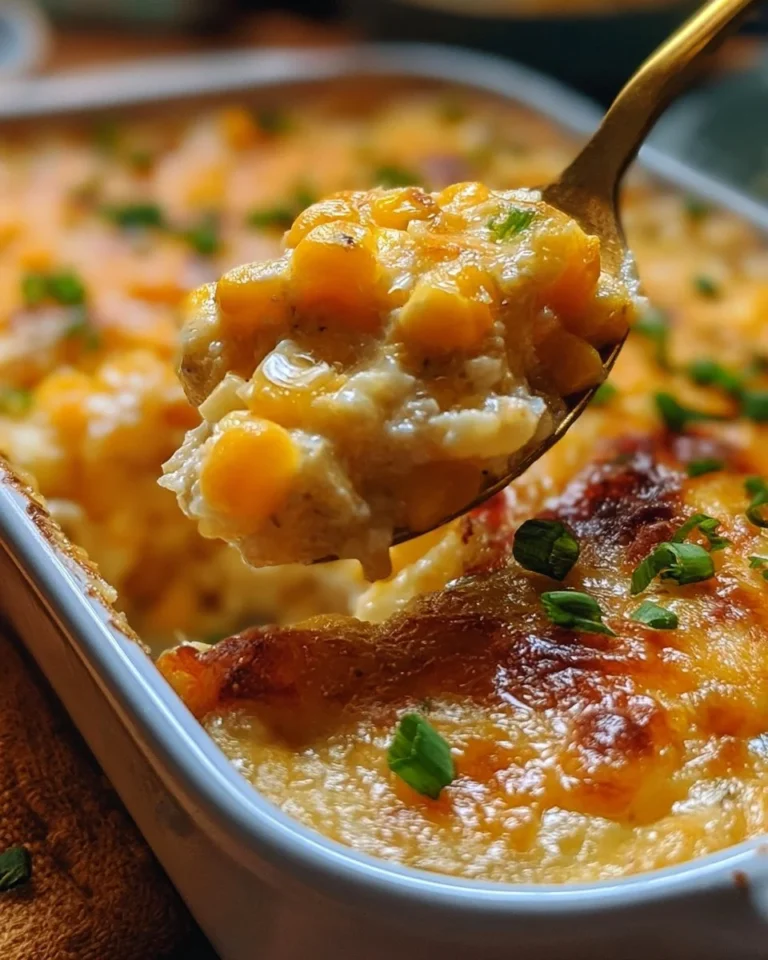 Delicious cream cheese corn casserole topped with golden corn and cheese