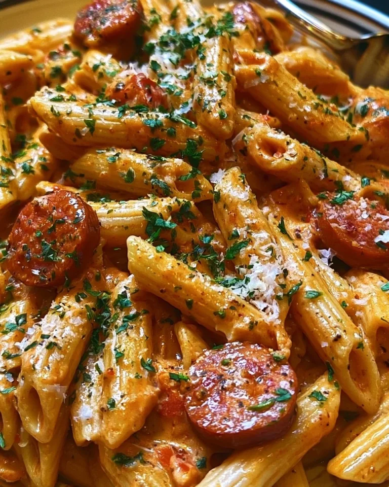 Creamy Cajun sausage pasta served in a bowl with herbs and spices