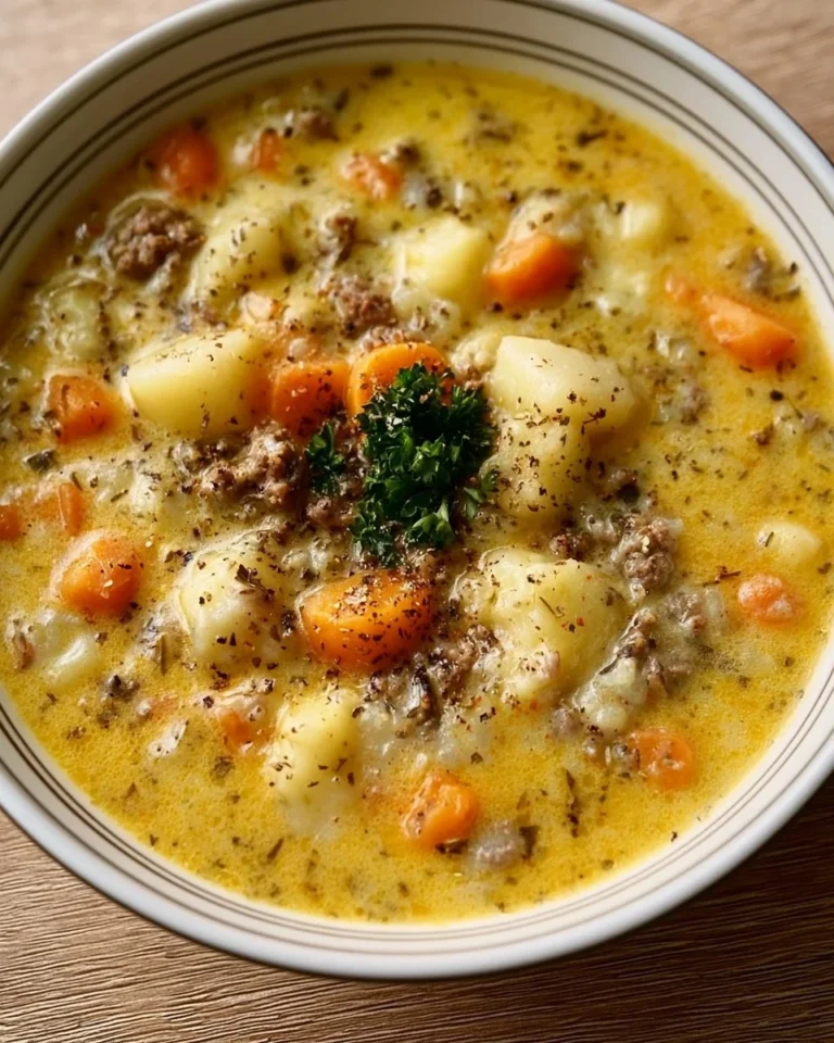 Bowl of creamy potato-hamburger soup garnished with herbs