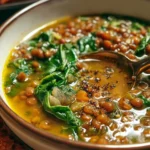 Delicious Italian Lentil and Spinach Soup in a bowl garnished with fresh herbs
