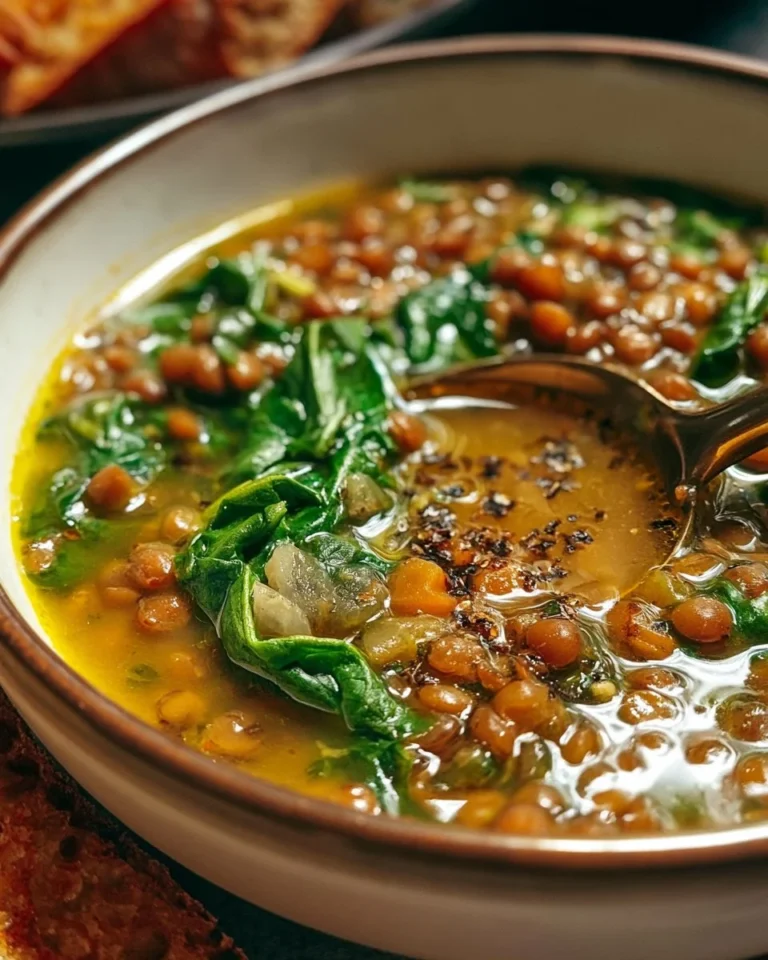 Delicious Italian Lentil and Spinach Soup in a bowl garnished with fresh herbs