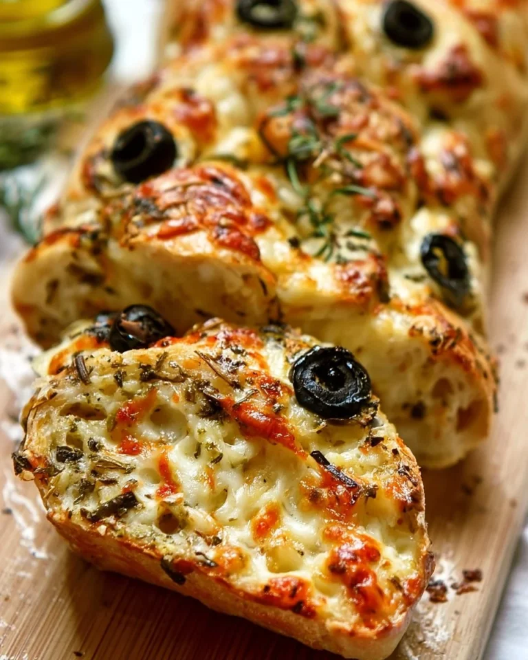 Freshly baked Olive and Cheese Bread with olives and melted cheese
