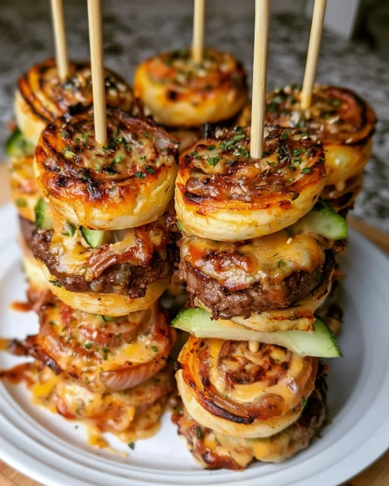 Pinwheel Smash Burger Skewers on a platter for grilling or barbecue.