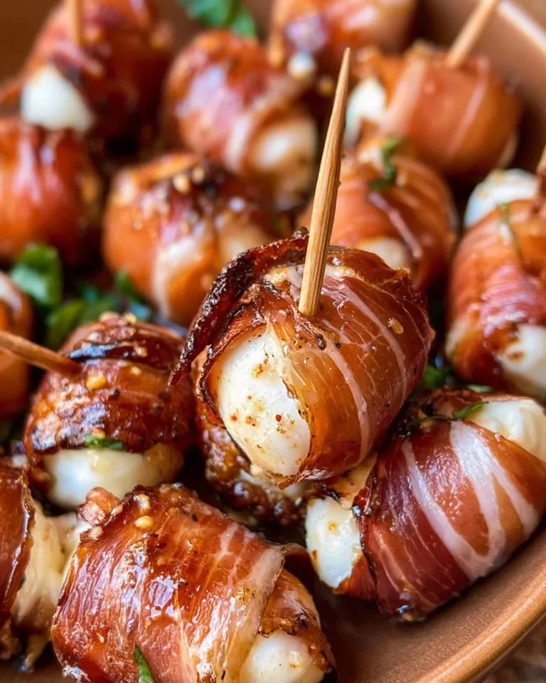 Prosciutto-wrapped mozzarella bites appetizer on a serving platter