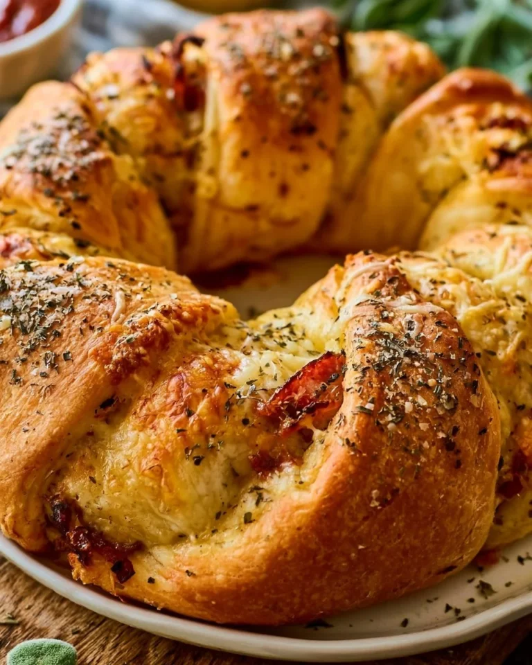 Spicy Italian Crescent Ring freshly baked and garnished.