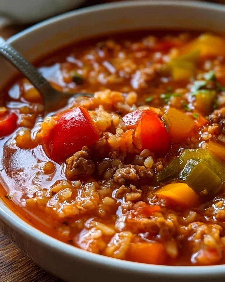 Bowl of delicious stuffed pepper soup with colorful bell peppers and herbs