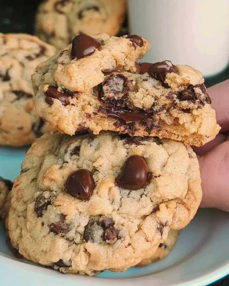 Ultra thick chewy chocolate chip cookies on a cooling rack