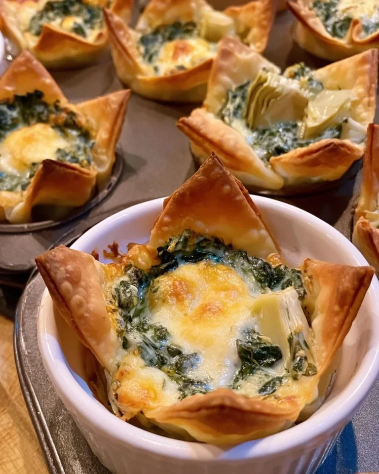 Wonton cups filled with spinach and artichoke dip for a tasty appetizer