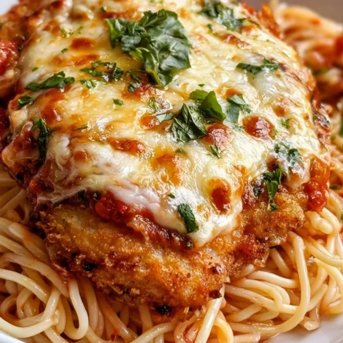 Delicious plate of best ever chicken parmesan topped with fresh basil