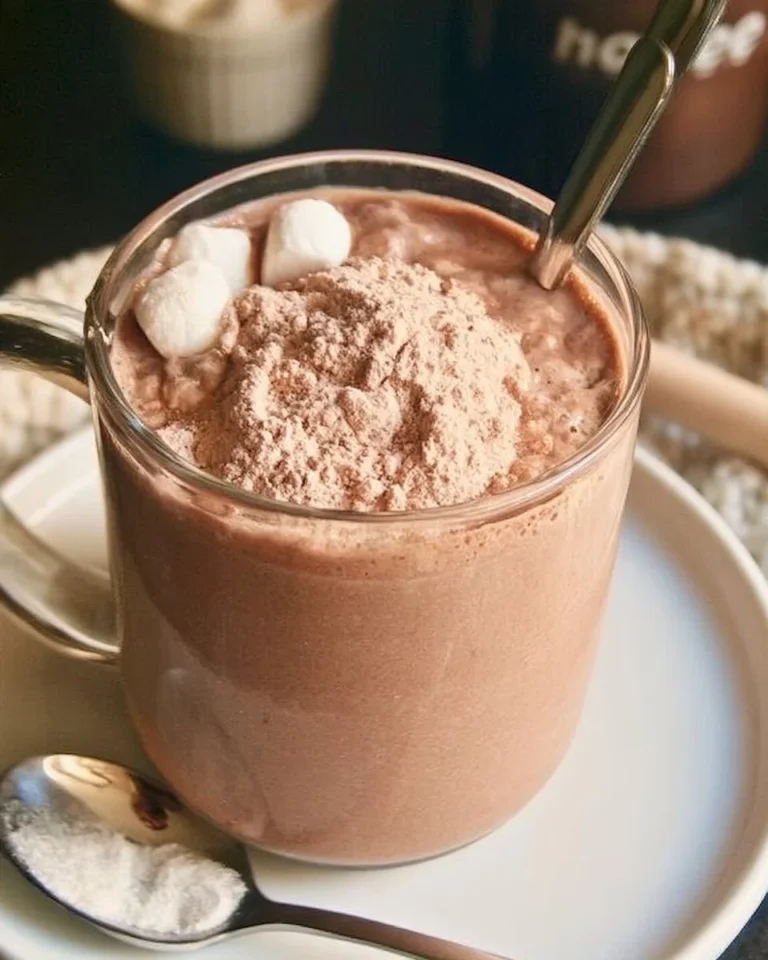 Homemade hot chocolate mix in a jar with cocoa powder and marshmallows
