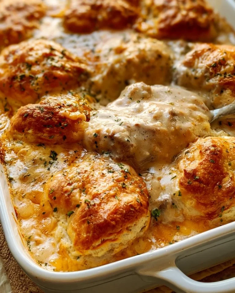 Delicious Biscuits and Gravy Casserole served in a baking dish