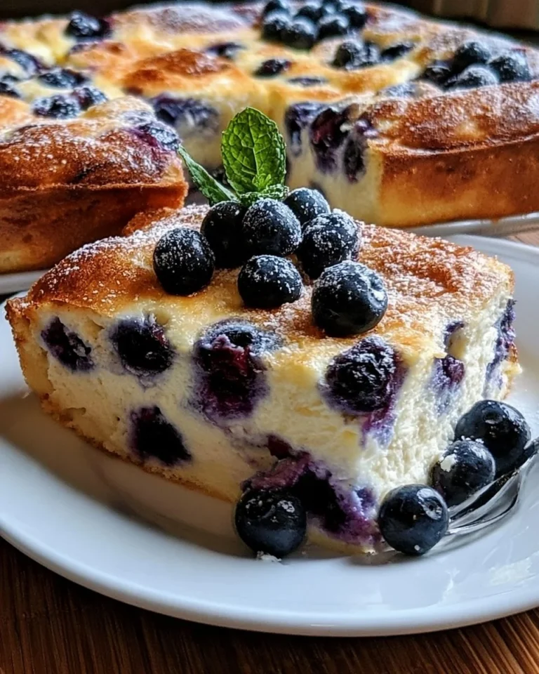 Blueberry Breakfast Bake topped with fresh blueberries and cottage cheese