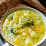 Bowl of creamy Broccoli Potato Cheese Soup topped with cheese and broccoli flakes