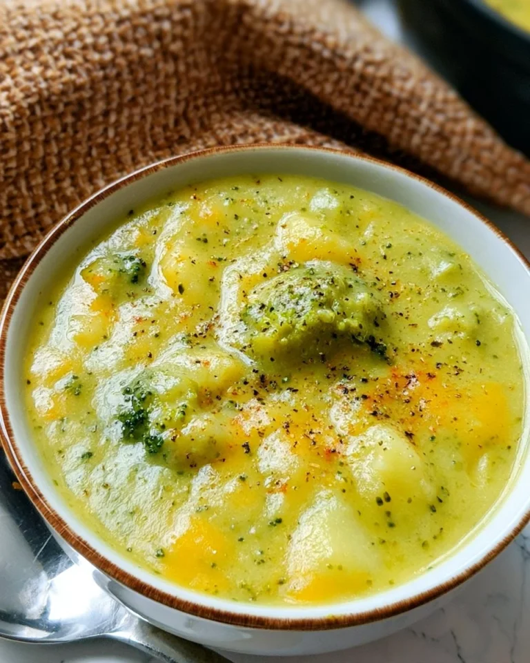 Bowl of creamy Broccoli Potato Cheese Soup topped with cheese and broccoli flakes