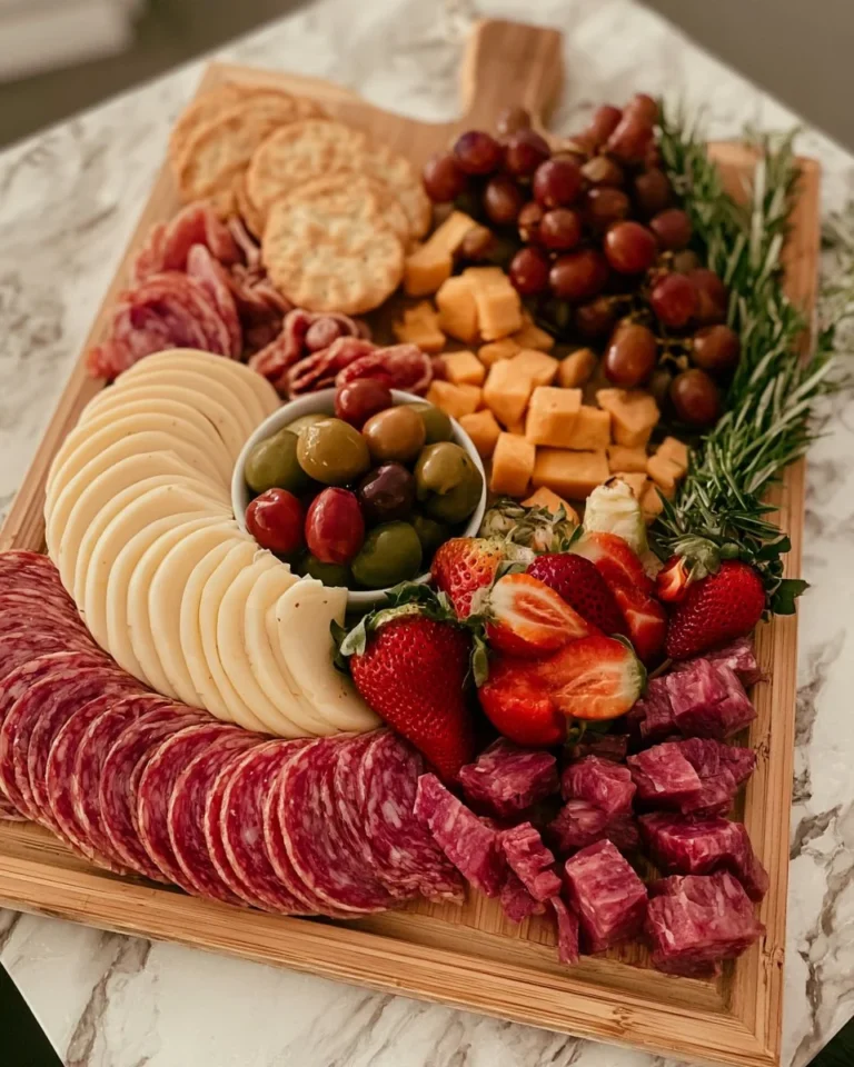 A beautifully arranged charcuterie board featuring meats, cheeses, and fruits.