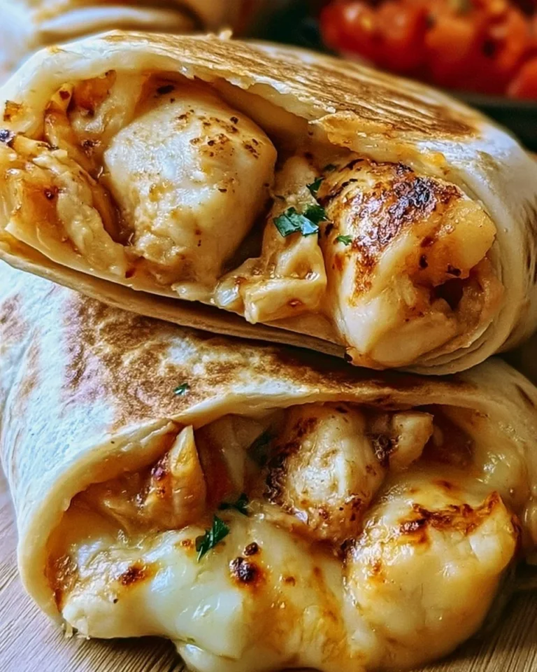 Delicious cheesy garlic chicken wraps on a wooden table