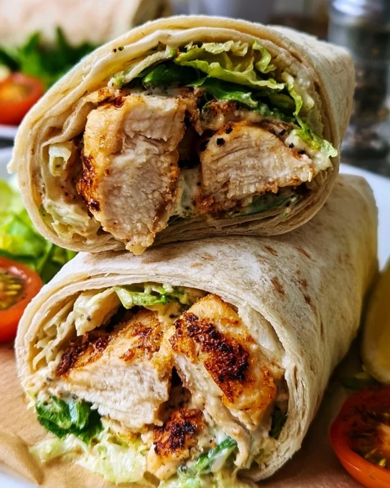Tasty Chicken Caesar Wrap filled with chicken, romaine, and Caesar dressing in a tortilla.