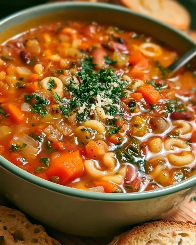 Bowl of chunky Italian vegetable soup loaded with colorful vegetables.