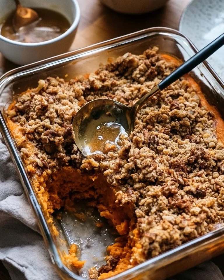 Cinnamon Streusel Swirled Maple Sweet Potato Casserole served in a baking dish