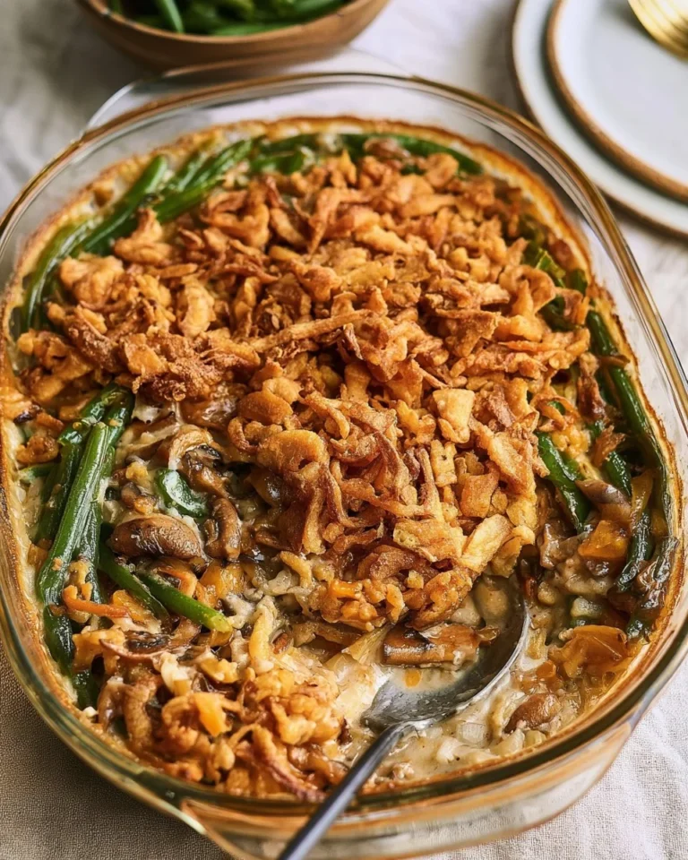 Delicious classic green bean casserole topped with crispy onions