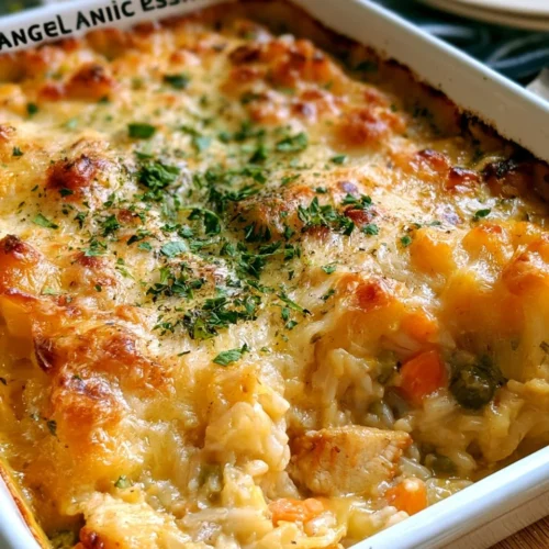 Creamy Angel Chicken Rice Casserole served in a casserole dish
