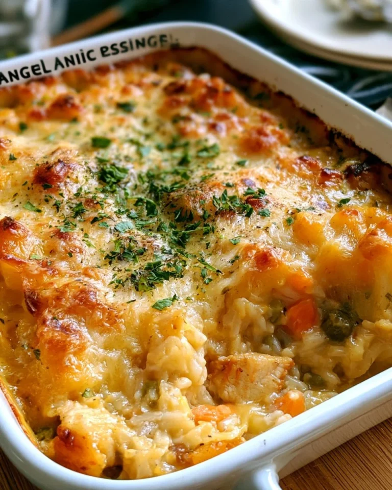 Creamy Angel Chicken Rice Casserole served in a casserole dish