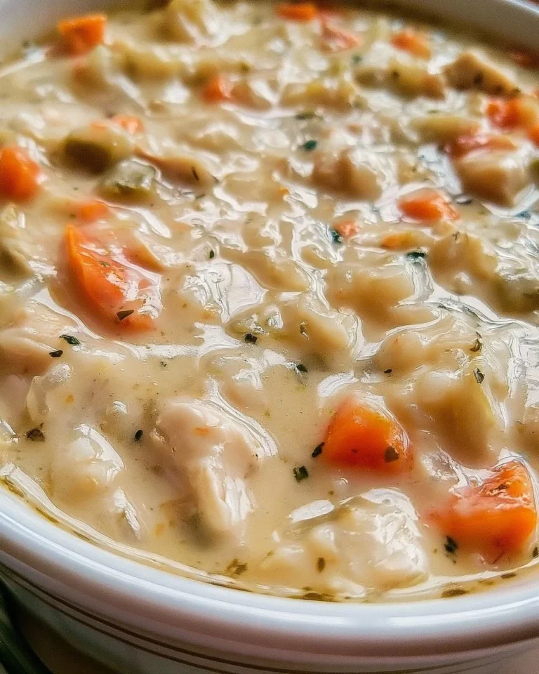 A bowl of creamy chicken rice soup garnished with fresh herbs.
