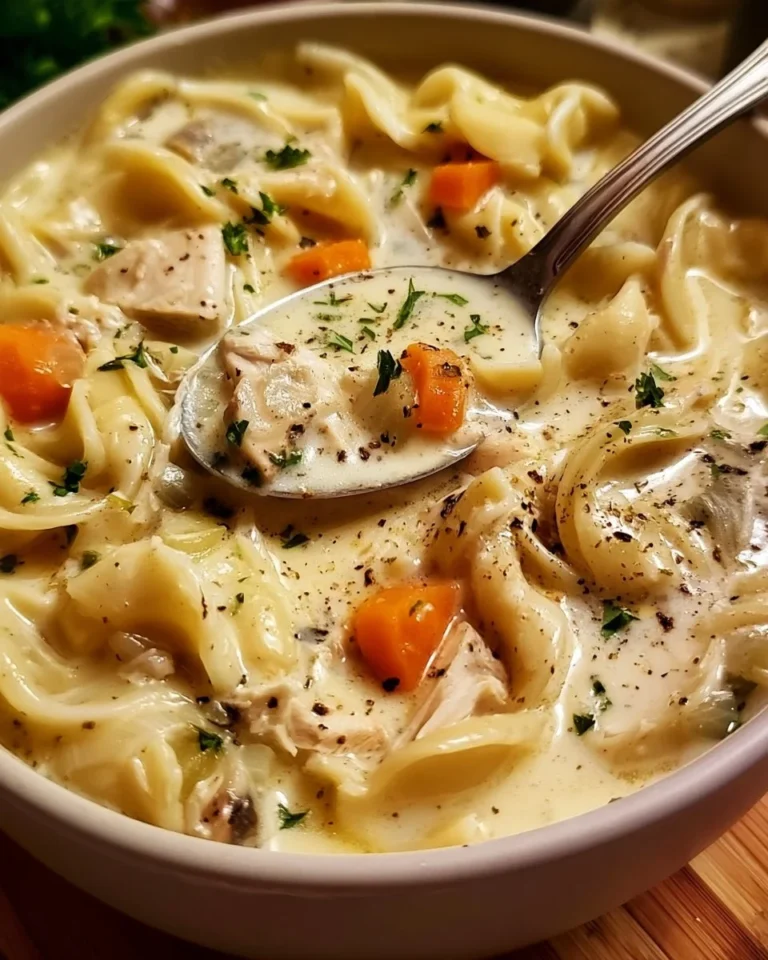 Creamy chicken noodle soup in a bowl garnished with parsley