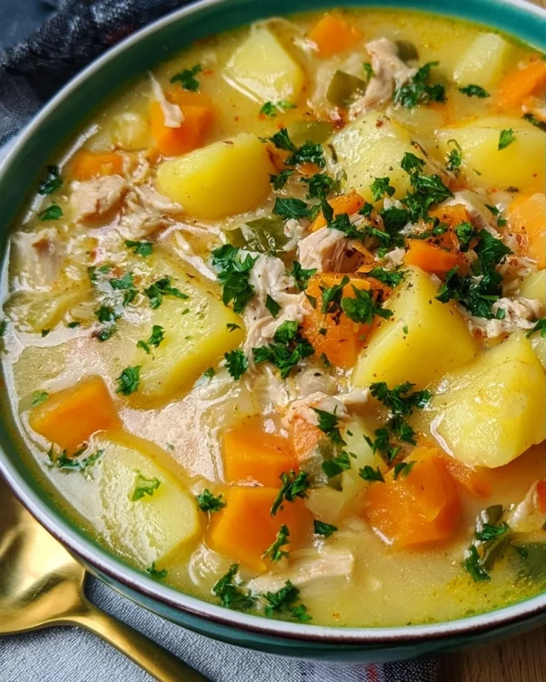 A bowl of creamy chicken potato soup garnished with herbs.