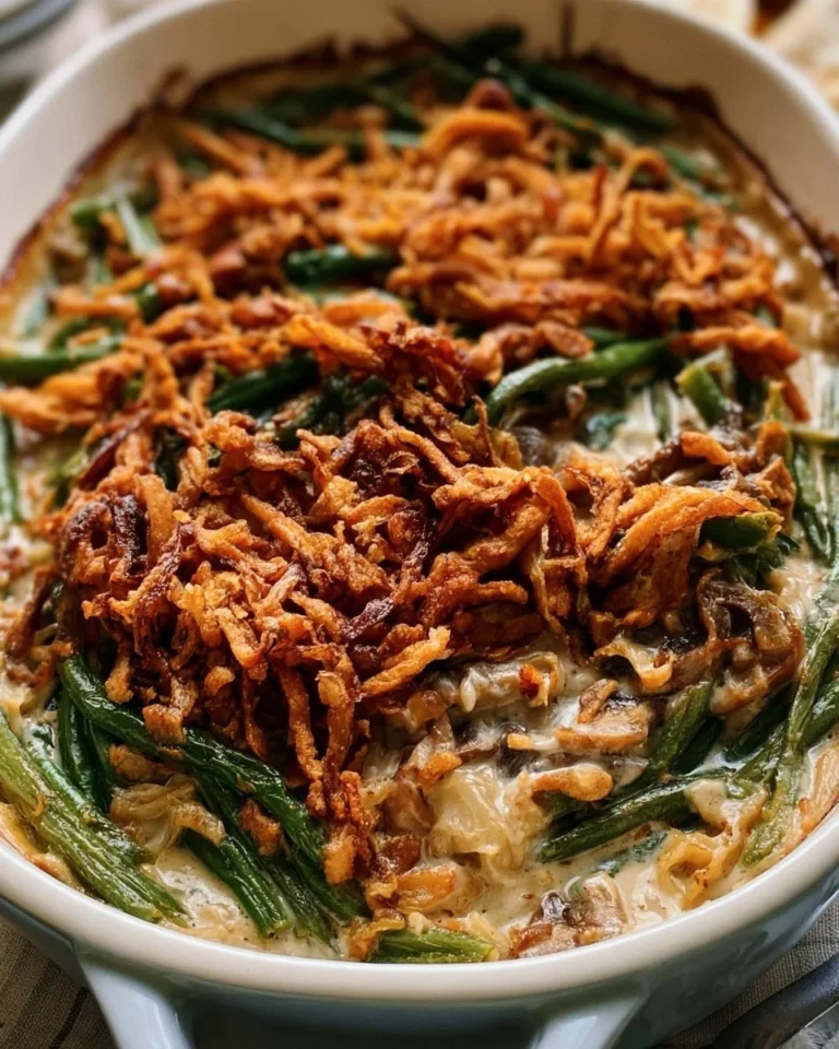 Creamy green bean casserole topped with crispy onion rings in a baking dish.