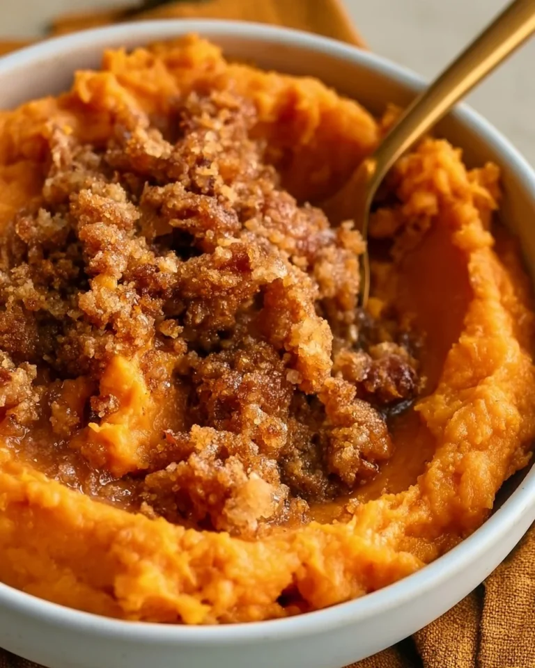 Creamy mashed sweet potatoes with brown sugar streusel topping