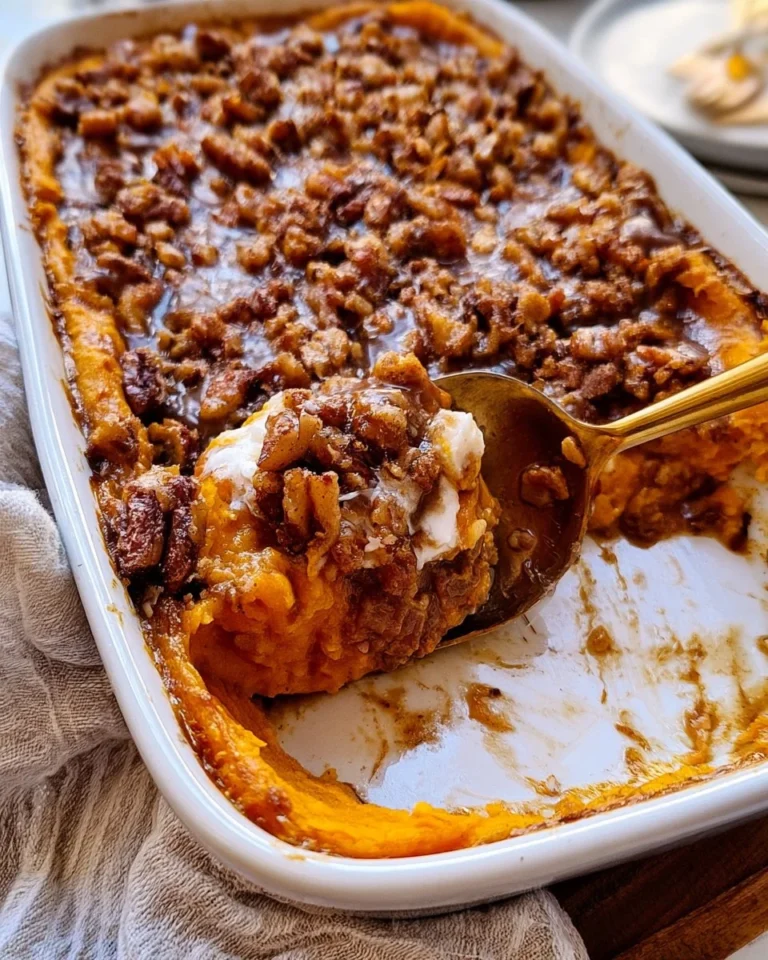 Creamy sweet potato casserole topped with marshmallows and pecans