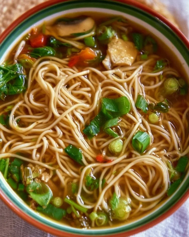 Bowl of easy Chinese noodle soup garnished with green onions and vegetables.
