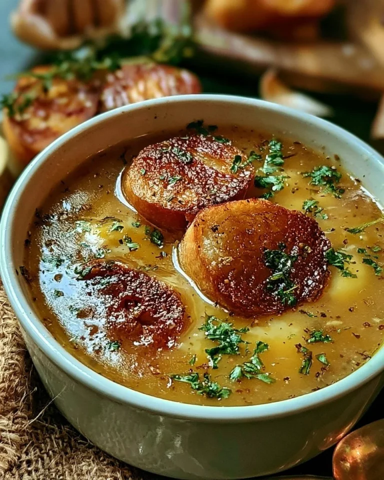 Bowl of creamy French Country Garlic Soup garnished with parsley