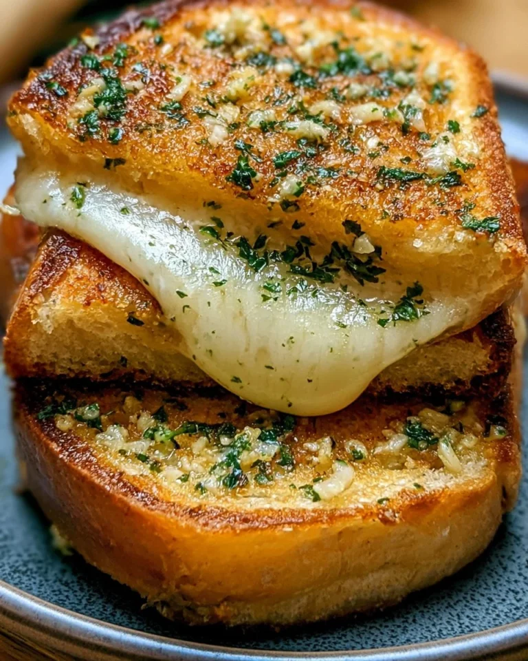 A delicious garlic bread grilled cheese sandwich served on a plate.