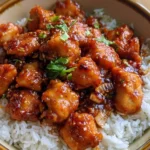 Homemade General Tso's Chicken served with rice and vegetables.
