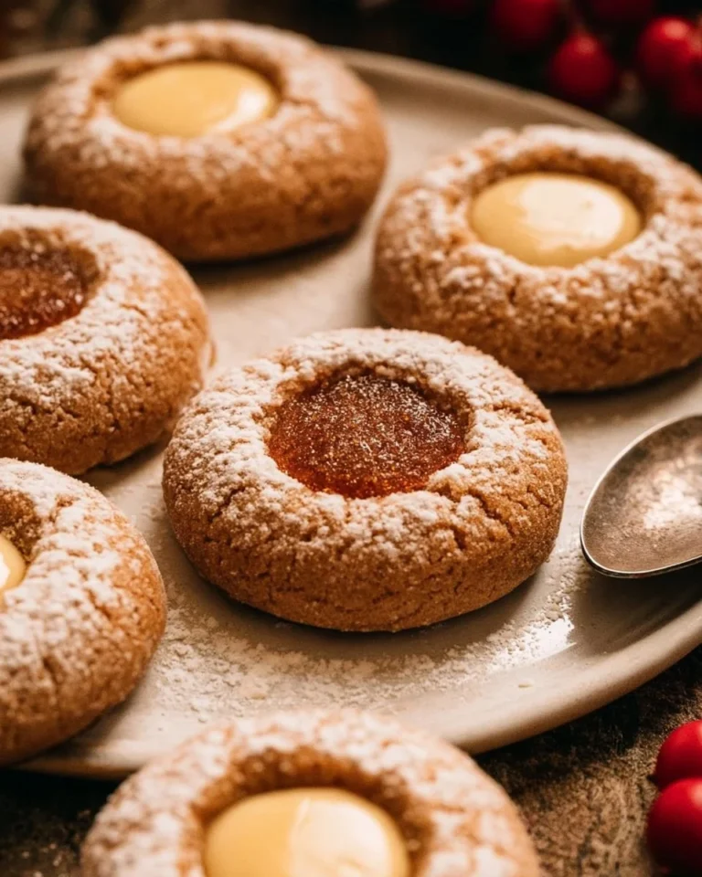 Gingerbread Thumbprint Cookies with icing and festive decorations on a plate