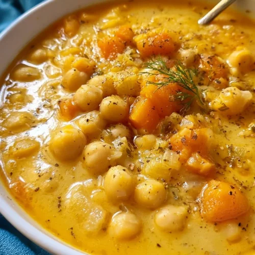 Bowl of Greek-style chickpea soup garnished with fresh herbs and olive oil.