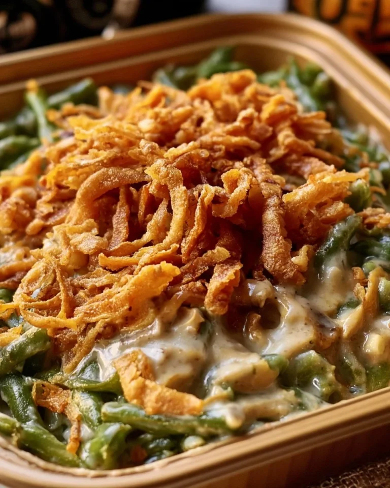 Delicious green bean casserole by Paula Deen, perfect for holiday meals.