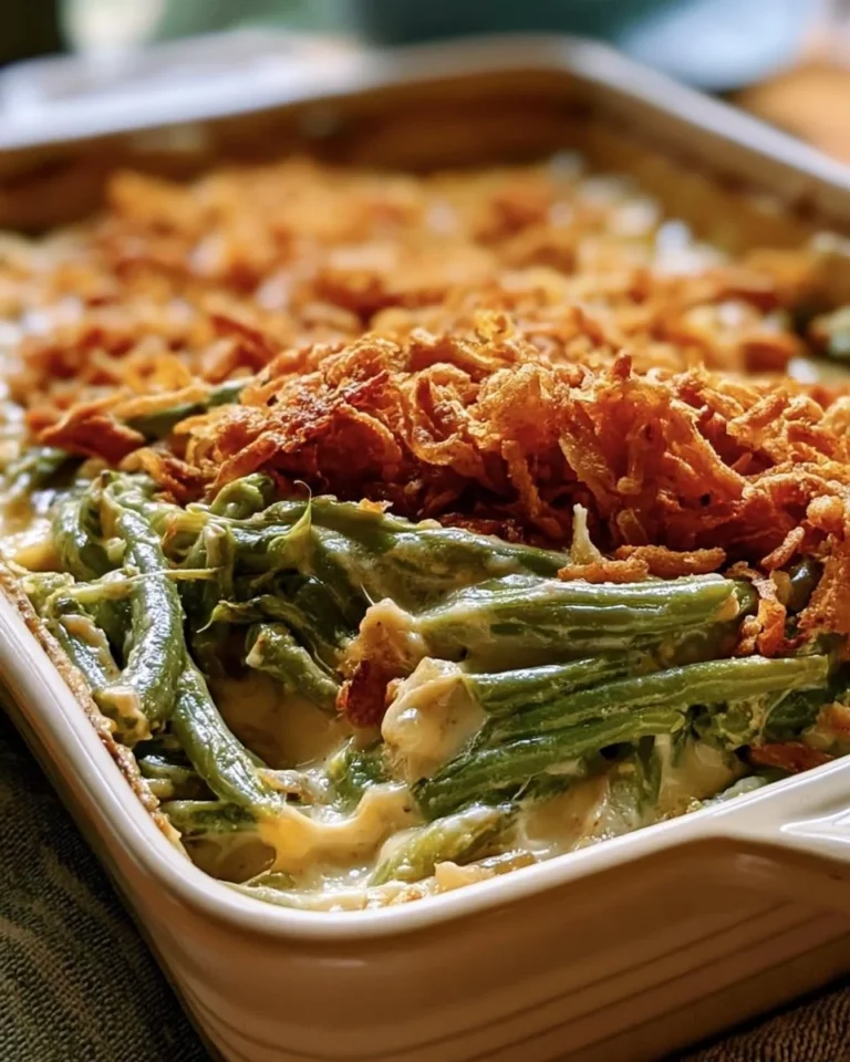 Delicious green bean casserole served in a baking dish