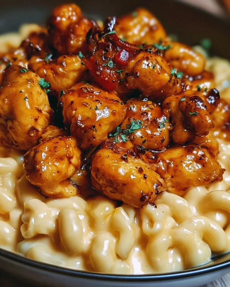 Honey Pepper Chicken served with creamy macaroni cheese in a delectable dish