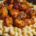 Plate of Honey Pepper Chicken served with creamy macaroni cheese