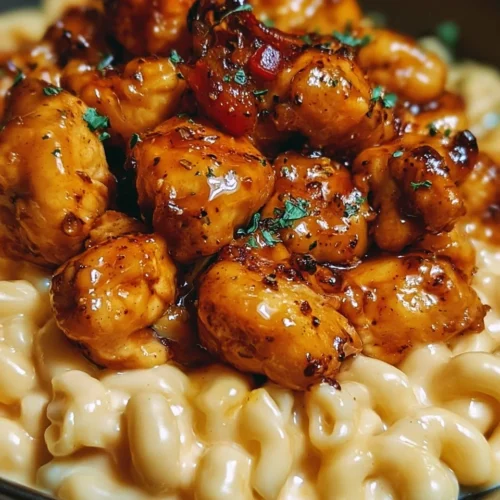 Plate of Honey Pepper Chicken served with creamy macaroni cheese